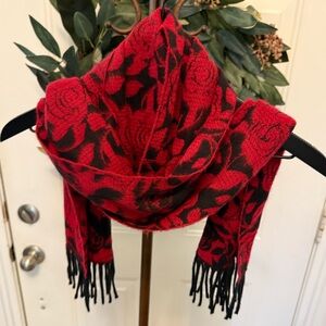 Steve Madden Made in Italy Red & Black Soft Rose Floral Print Scarf with Fringe